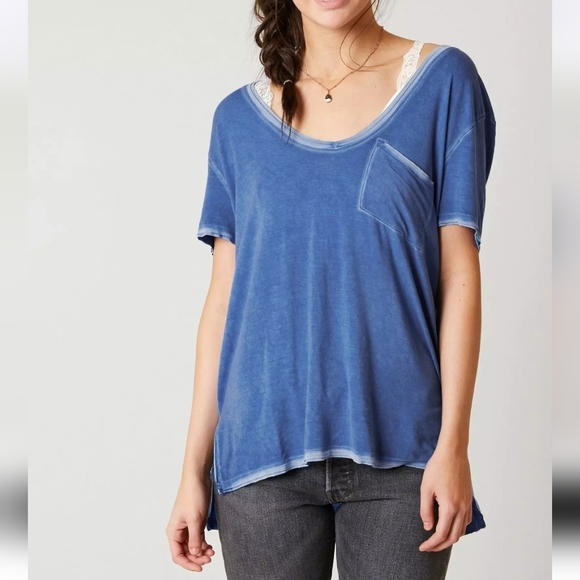 Free People Tops - Free People Rising Sun Short Sleeve T Shirt V Neck High Low Hem Blue Size XS NWT
